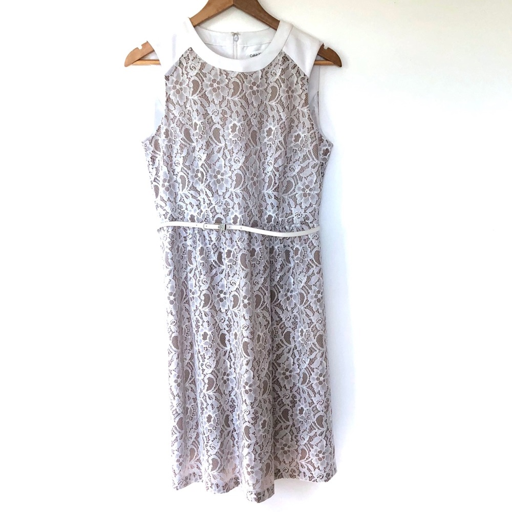 Calvin Klein Lace Cocktail Dress With Belt White